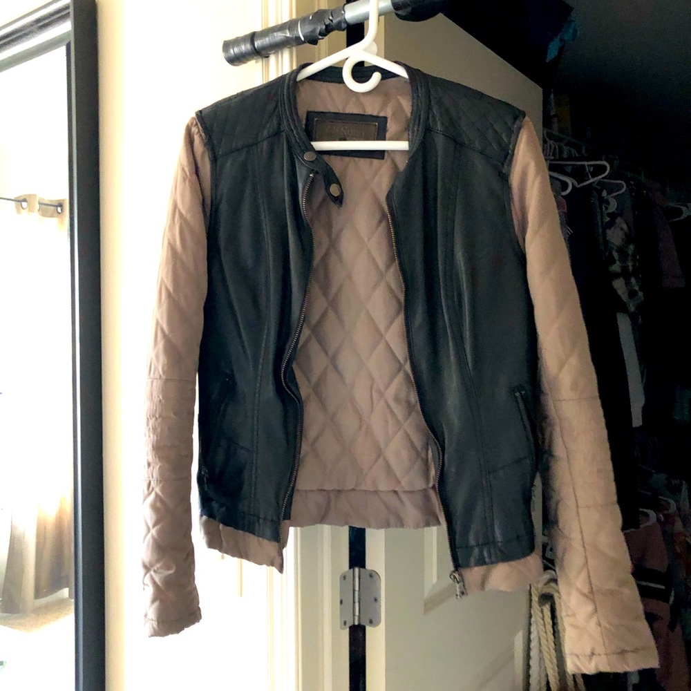 Cavalini Black and Tan Faux Leather Biker Jacket